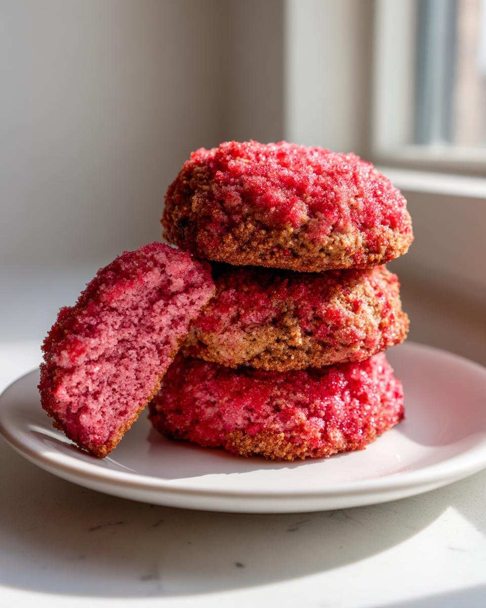 A stack of three vibrant pink Strawberry Crunch Cookies with one cookie broken open to show the soft interior.