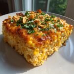 A close-up slice of creamy Street Corn Chicken Casserole, topped with melted cheese, crumbled chips, and fresh parsley.
