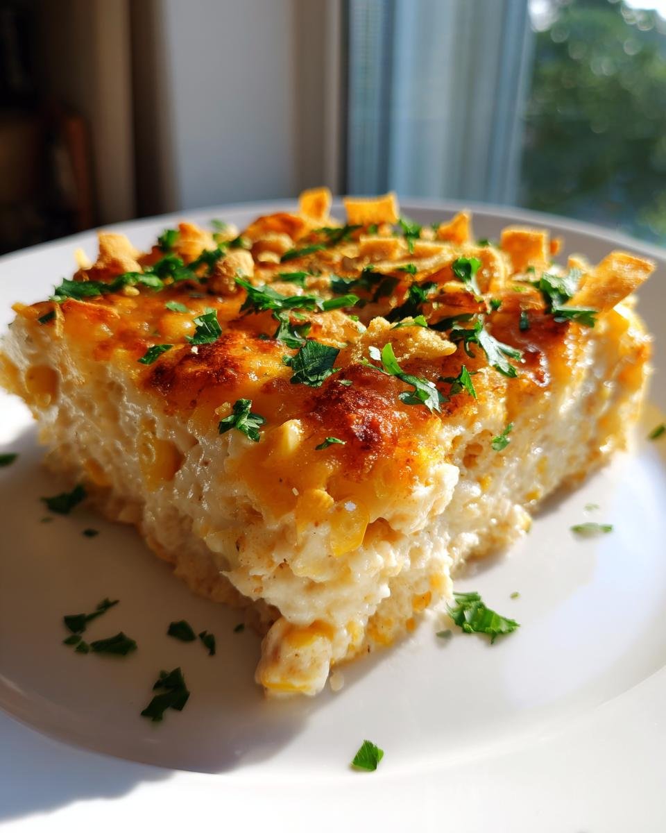 A square serving of creamy Street Corn Chicken Casserole topped with melted cheese, crushed chips, and fresh parsley.
