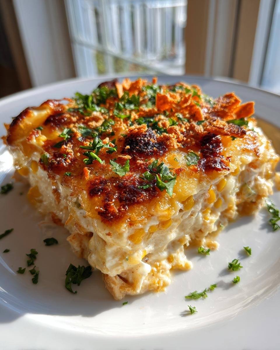 A square serving of creamy Street Corn Chicken Casserole topped with browned cheese and fresh parsley.
