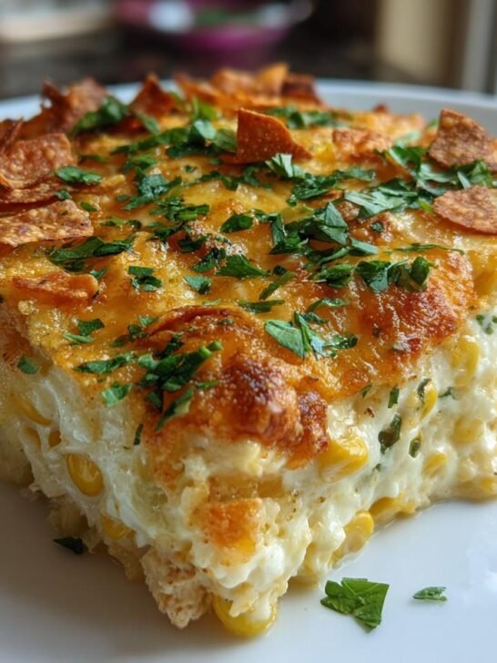 A close-up slice of creamy Street Corn Chicken Casserole topped with melted cheese, crushed chips, and parsley.
