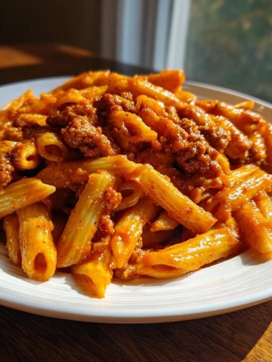 A close-up of penne pasta coated in a rich, reddish-orange sauce with ground sausage, representing the Sweet Chili Bbq Sausage Pasta.