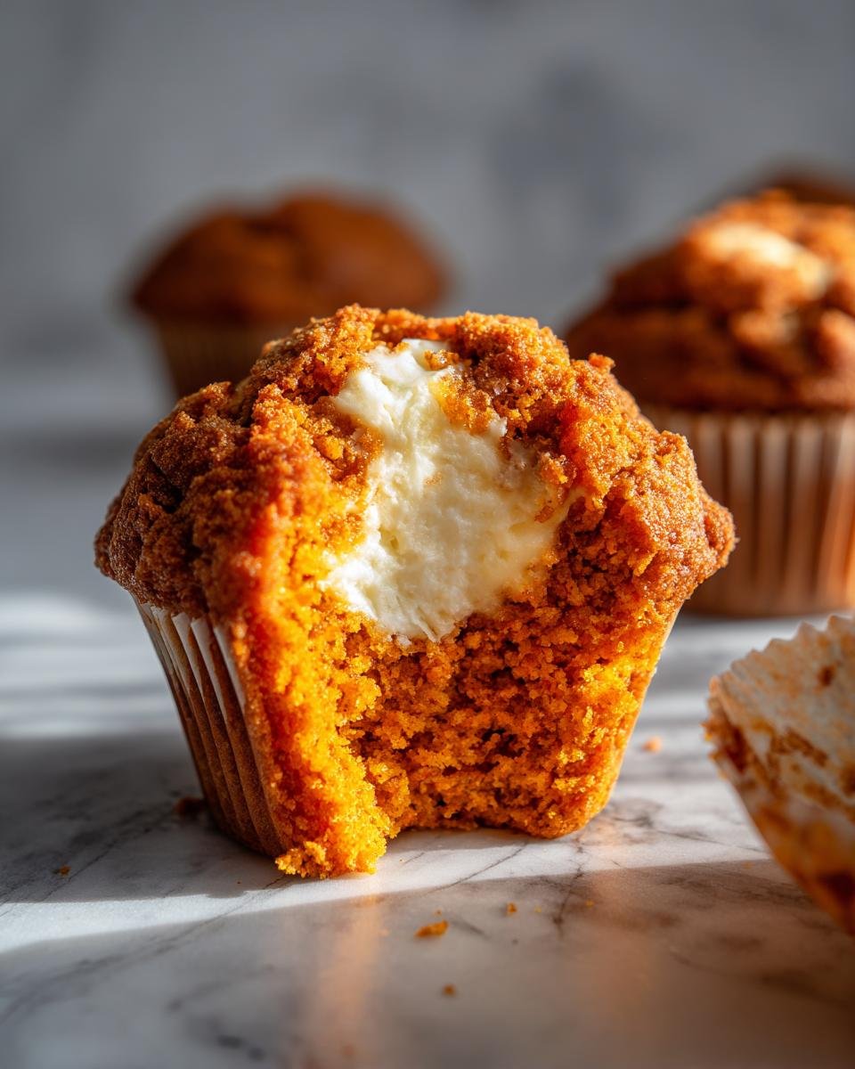Close-up of a Swirled Pumpkin Cream Cheese Muffin with a bite taken out, revealing the creamy white center.