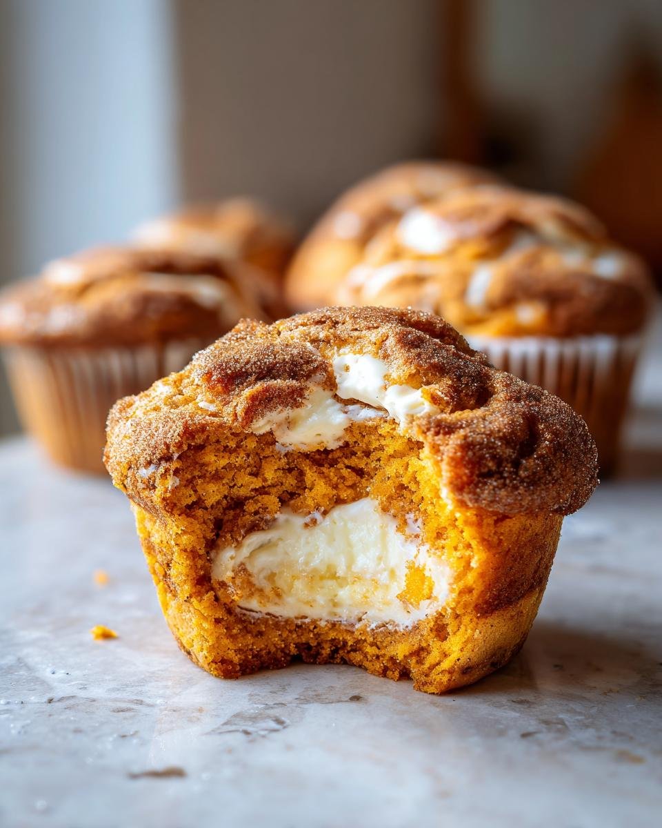 Close-up of a Swirled Pumpkin Cream Cheese Muffin cut open showing the rich cream cheese center and cinnamon sugar topping.