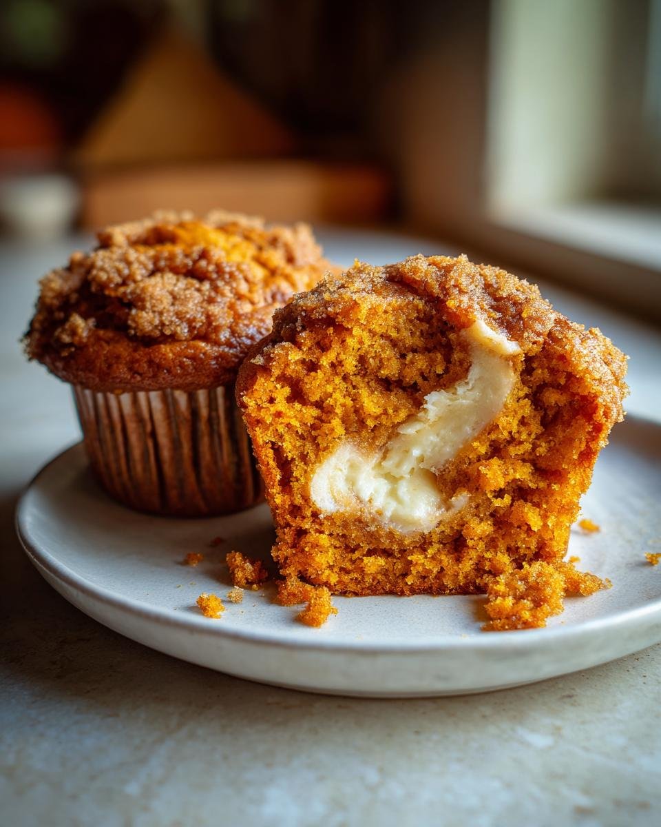 Close-up of a Swirled Pumpkin Cream Cheese Muffin cut in half showing the creamy center.