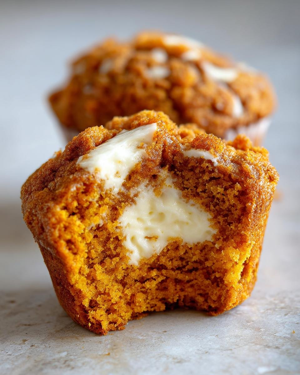Close-up of a Swirled Pumpkin Cream Cheese Muffin cut in half showing the rich orange pumpkin cake and creamy white cream cheese center.