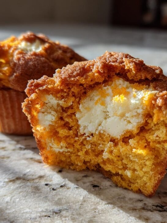 Close-up of a Swirled Pumpkin Cream Cheese Muffin cut in half showing the bright orange cake and creamy white center.