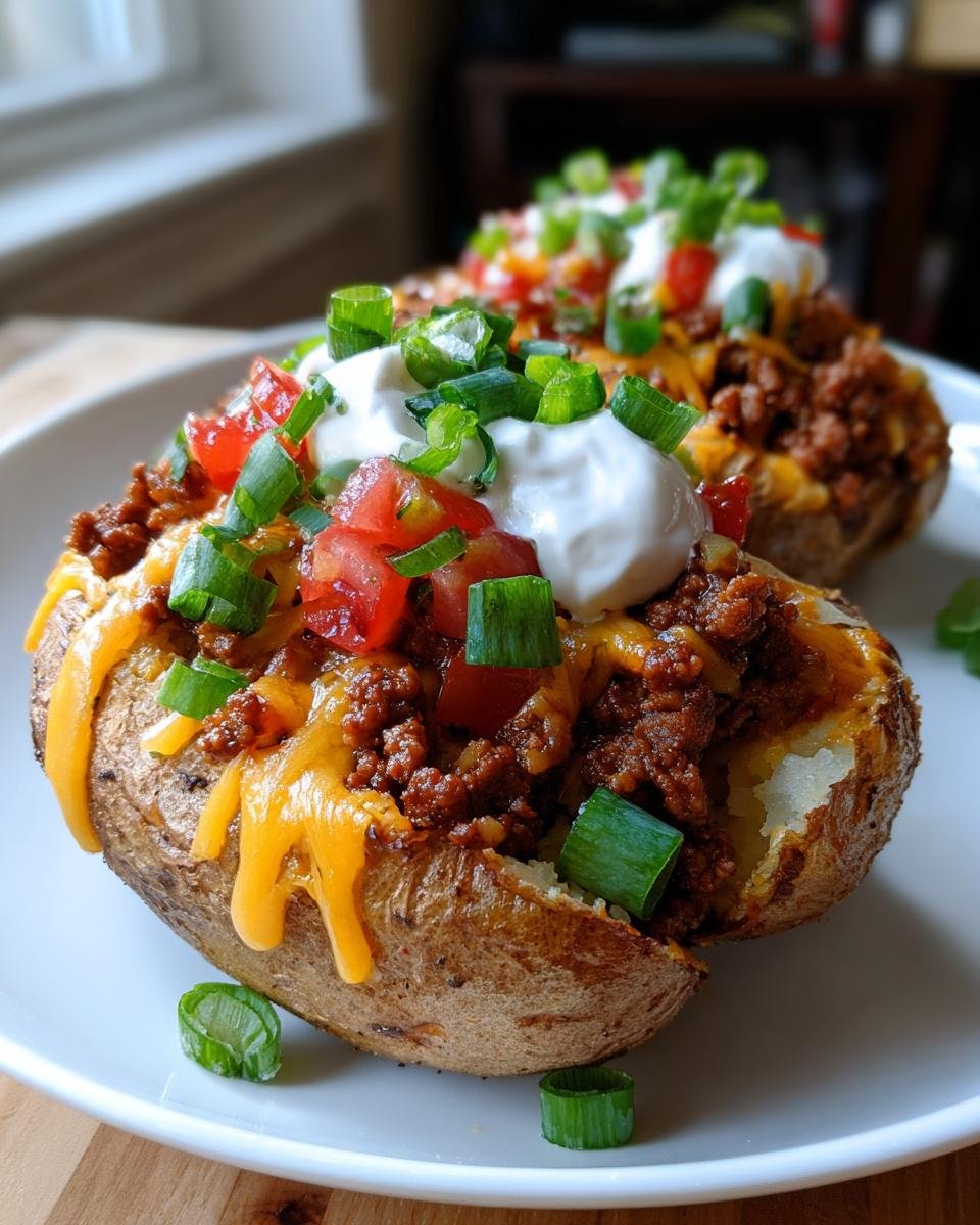 Two loaded Taco Stuffed Baked Potatoes topped with seasoned ground beef, melted cheese, sour cream, tomatoes, and green onions.
