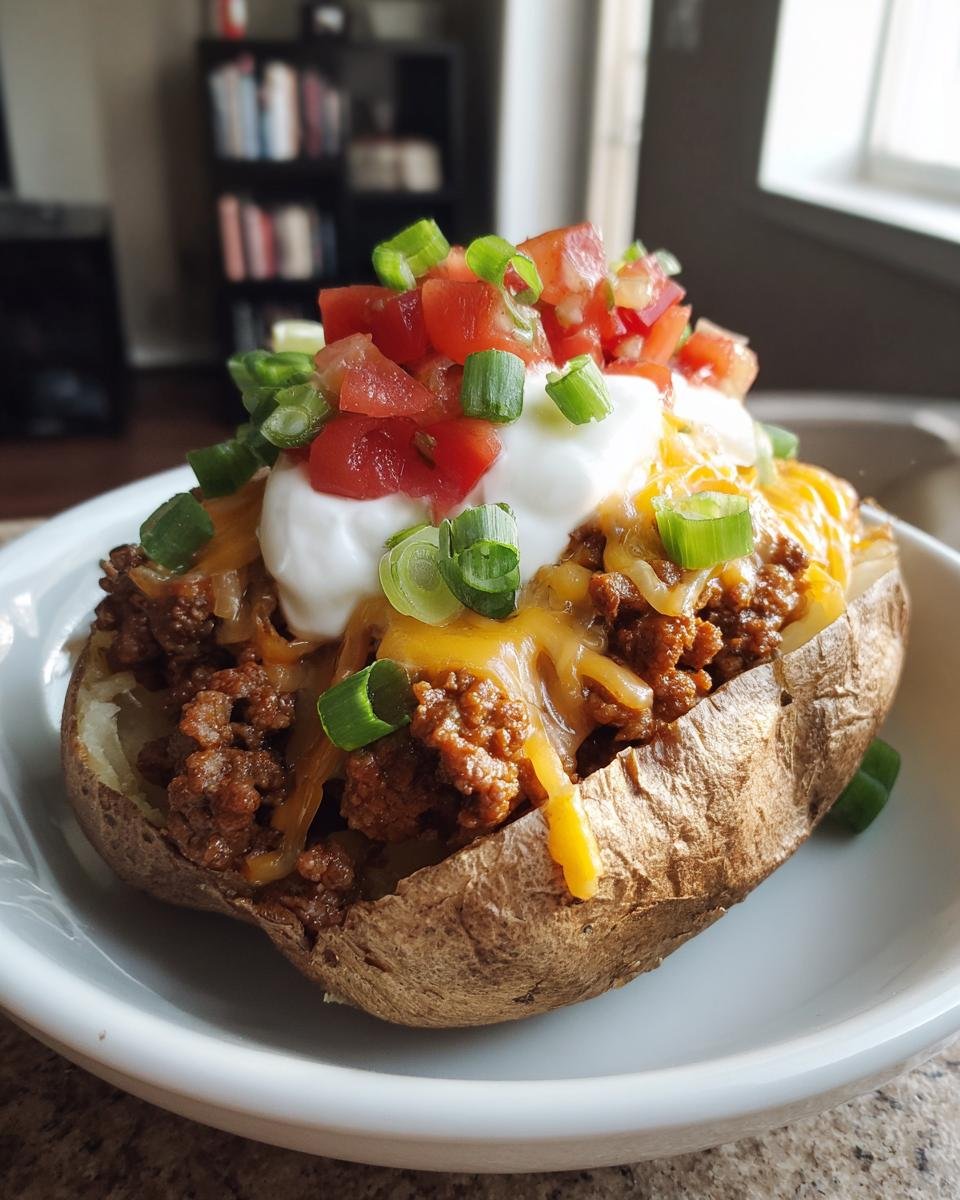 A fully loaded Taco Stuffed Baked Potato topped with seasoned ground beef, melted cheese, sour cream, tomatoes, and green onions.