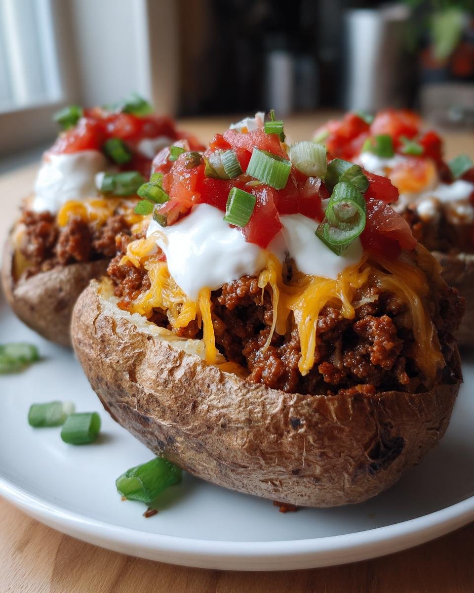 A close-up of a fully loaded Taco Stuffed Baked Potato topped with seasoned ground beef, melted cheese, sour cream, tomatoes, and green onions.