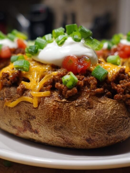 Three fully loaded Taco Stuffed Baked Potatoes topped with seasoned beef, cheese, sour cream, and green onions.