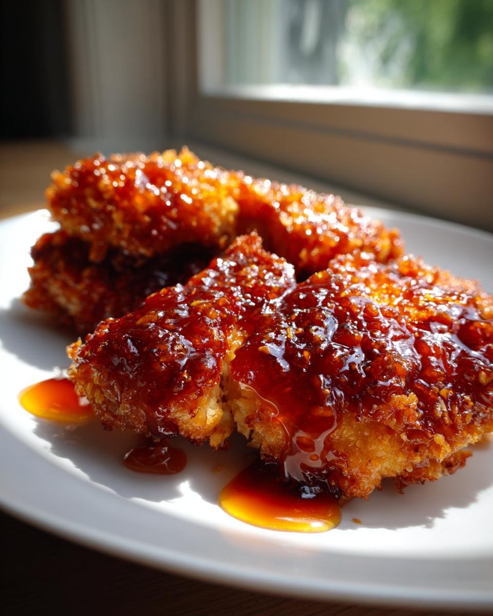Close-up of Tasty Baked Crunchy Hot Honey Chicken pieces drizzled with glossy sauce on a white plate.