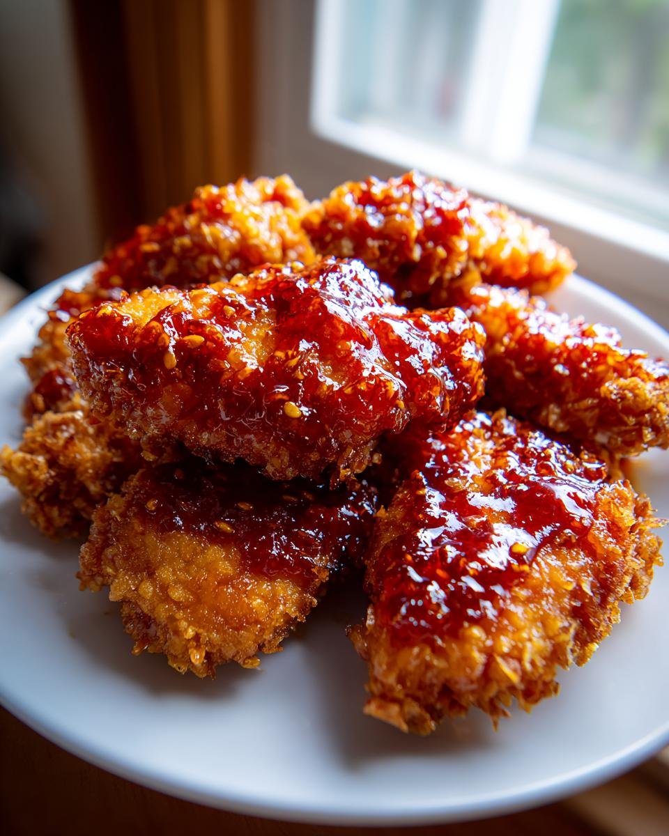 Close-up of several pieces of Tasty Baked Crunchy Hot Honey Chicken, glistening with a thick, dark red glaze and sesame seeds.