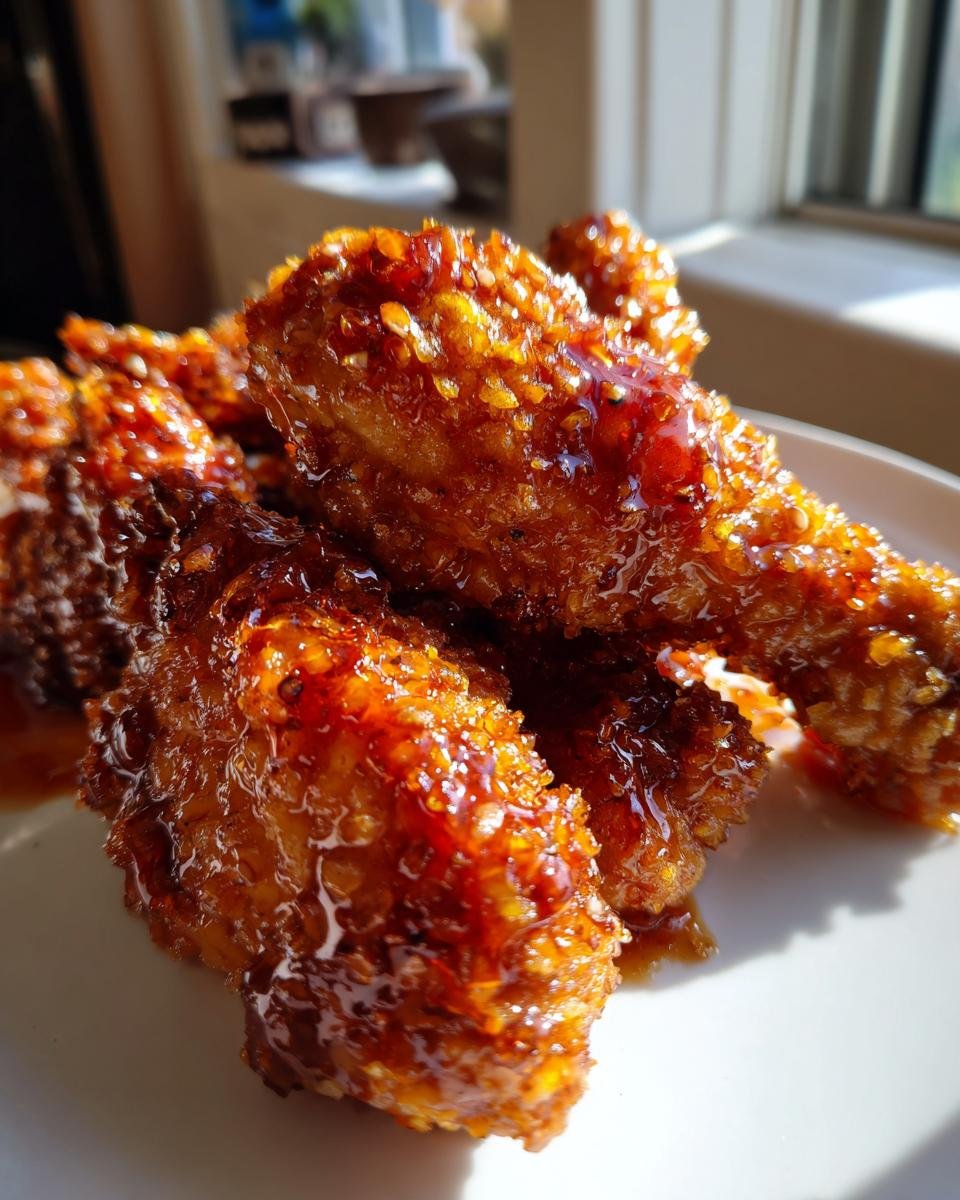 Close-up of several pieces of Tasty Baked Crunchy Hot Honey Chicken coated in a thick, glossy, amber-colored glaze.
