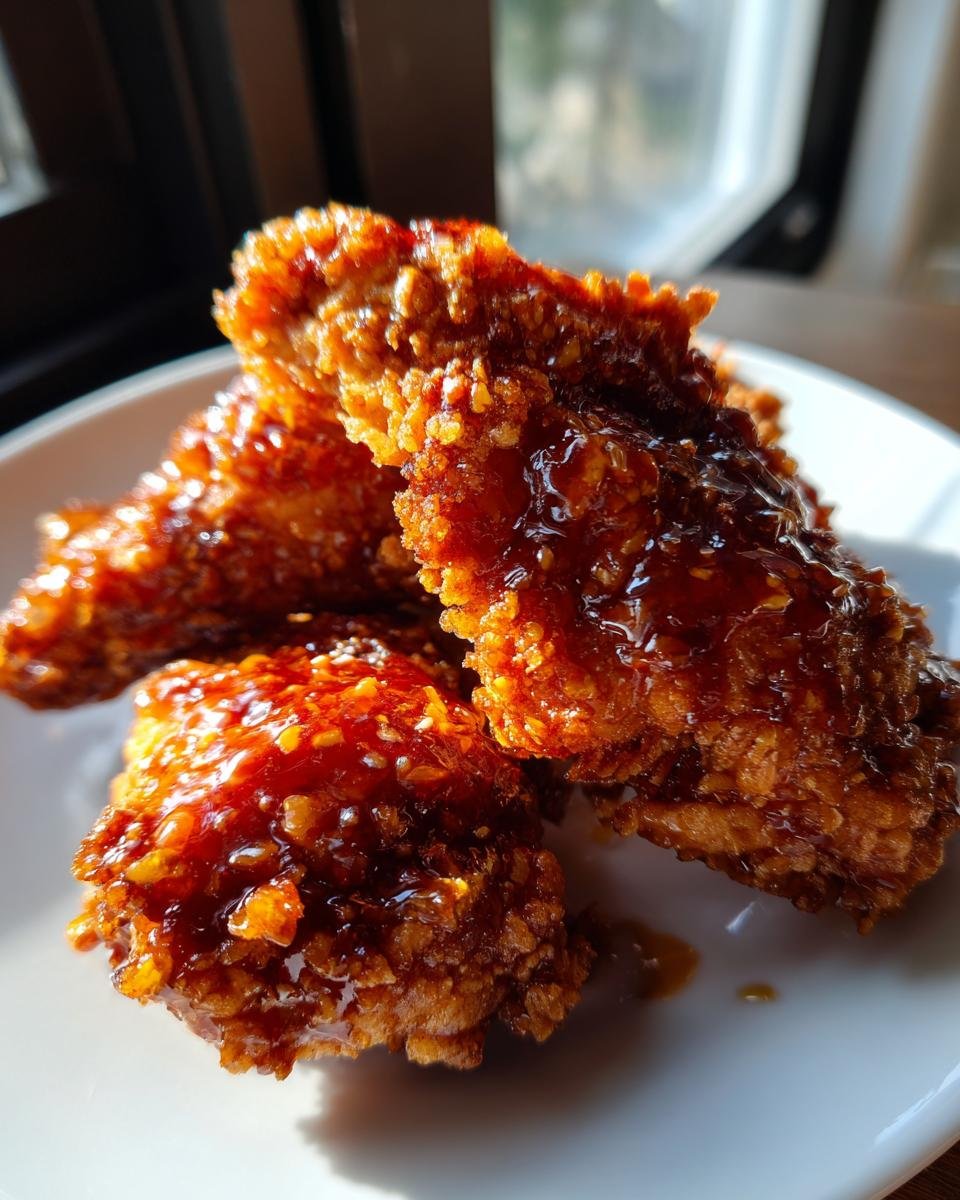 Close-up of three pieces of Tasty Baked Crunchy Hot Honey Chicken, coated in a glossy, dark glaze.