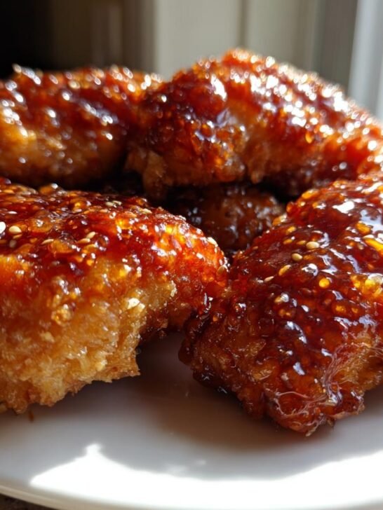 Close-up of crispy chicken pieces coated in a shiny, dark orange hot honey glaze and sprinkled with sesame seeds.