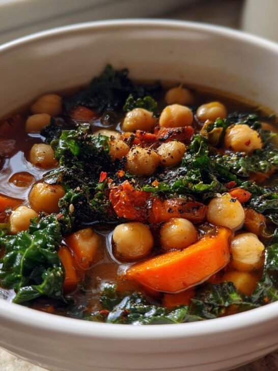 A close-up of a white bowl filled with Tuscan Garbanzo Bean Soup featuring chickpeas, kale, and carrots.