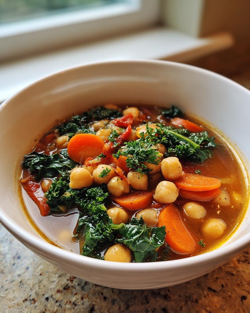 A close-up of a warm bowl of Tuscan Garbanzo Bean Soup featuring chickpeas, sliced carrots, and dark green kale.