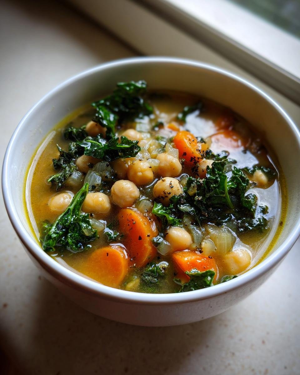 Close-up of a warm bowl of Tuscan Garbanzo Bean Soup featuring chickpeas, sliced carrots, kale, and broth.
