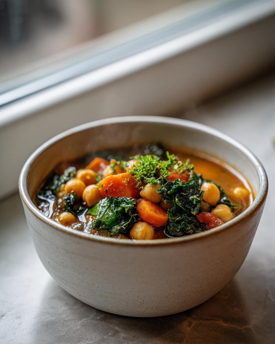 Close-up of a steaming bowl of Tuscan Garbanzo Bean Soup featuring chickpeas, carrots, and dark leafy greens.