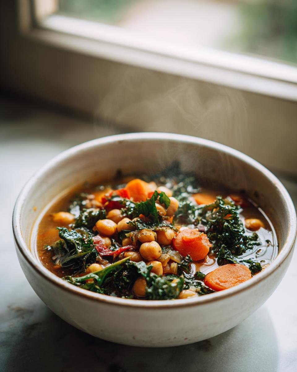 A steaming bowl of Tuscan Garbanzo Bean Soup filled with chickpeas, kale, and sliced carrots.