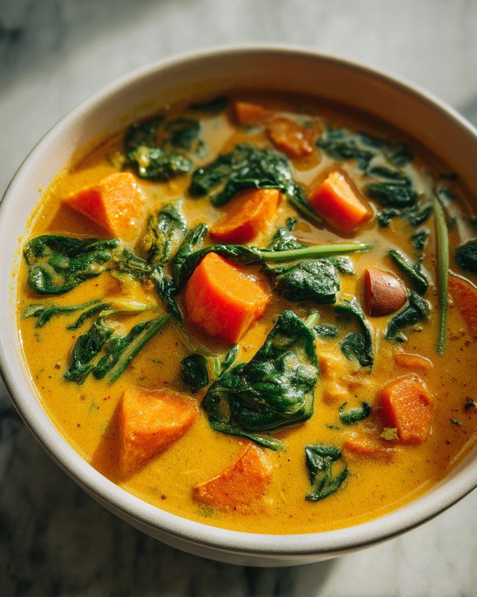 Close-up of a bowl filled with bright yellow Vegetable Coconut Stew featuring chunks of sweet potato and wilted spinach.