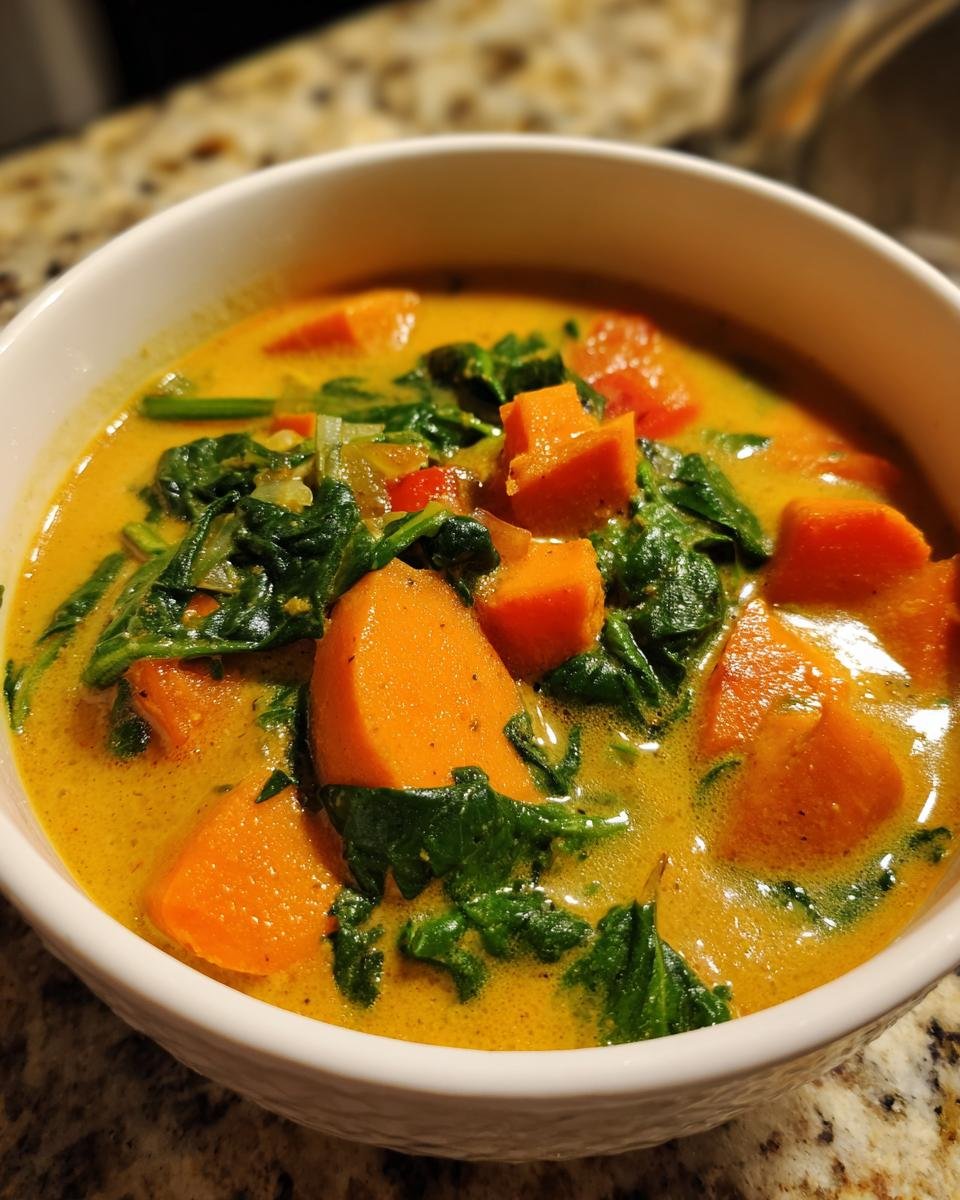 Close-up of a white bowl filled with thick, yellow Vegetable Coconut Stew featuring large chunks of sweet potato and wilted spinach.