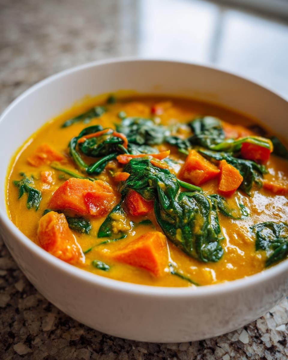 A close-up of a creamy, orange Vegetable Coconut Stew filled with chunks of sweet potato and wilted spinach.