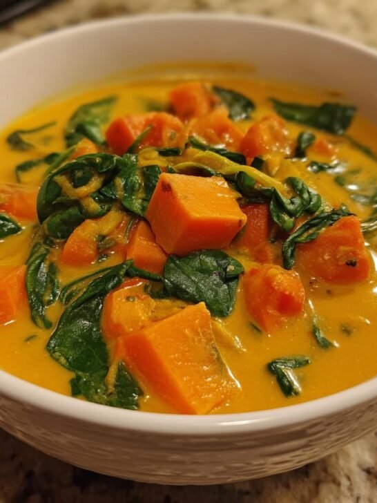 A close-up shot of a white bowl filled with creamy, orange Vegetable Coconut Stew featuring chunks of sweet potato and wilted spinach.