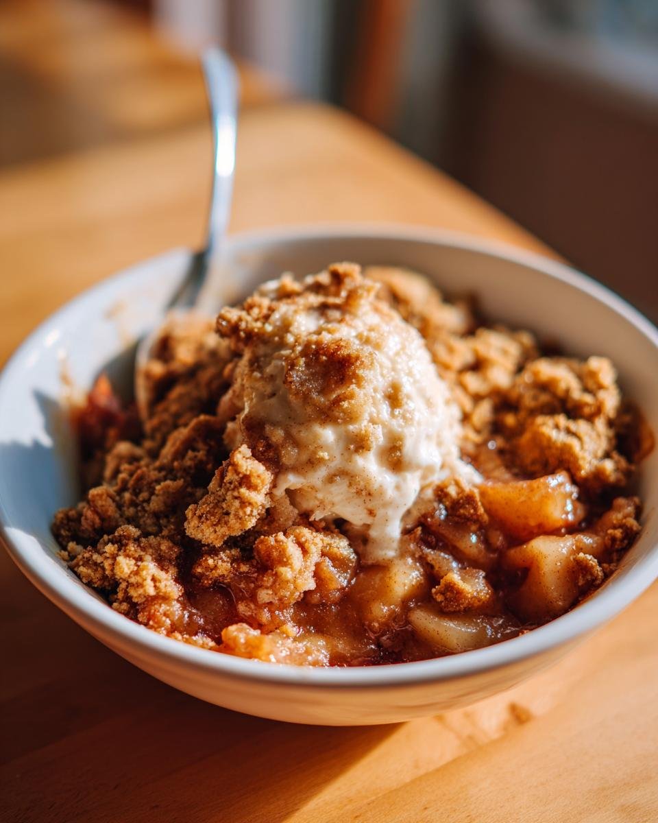Close-up of Warm Spiced Baked Apple Cobbler topped with melting vanilla ice cream in a white bowl.