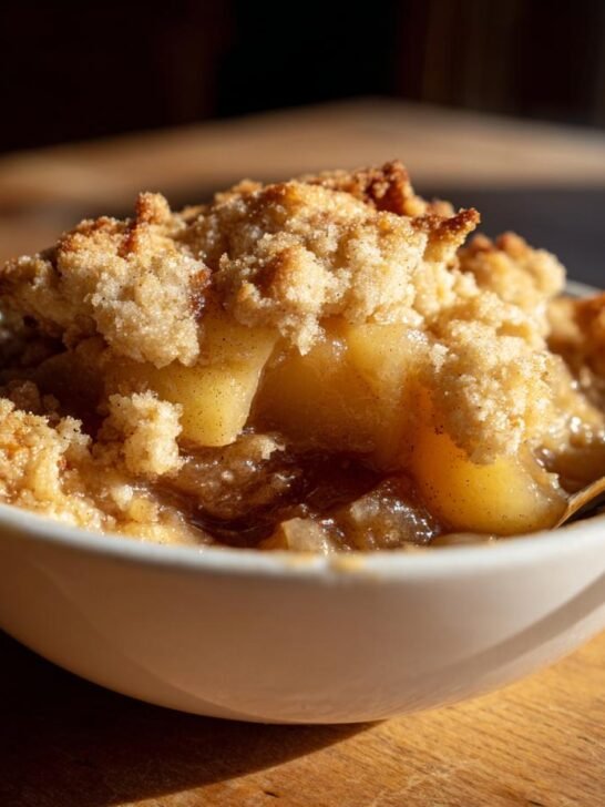 Close-up of a serving of Warm Spiced Baked Apple Cobbler in a white bowl with a spoon.