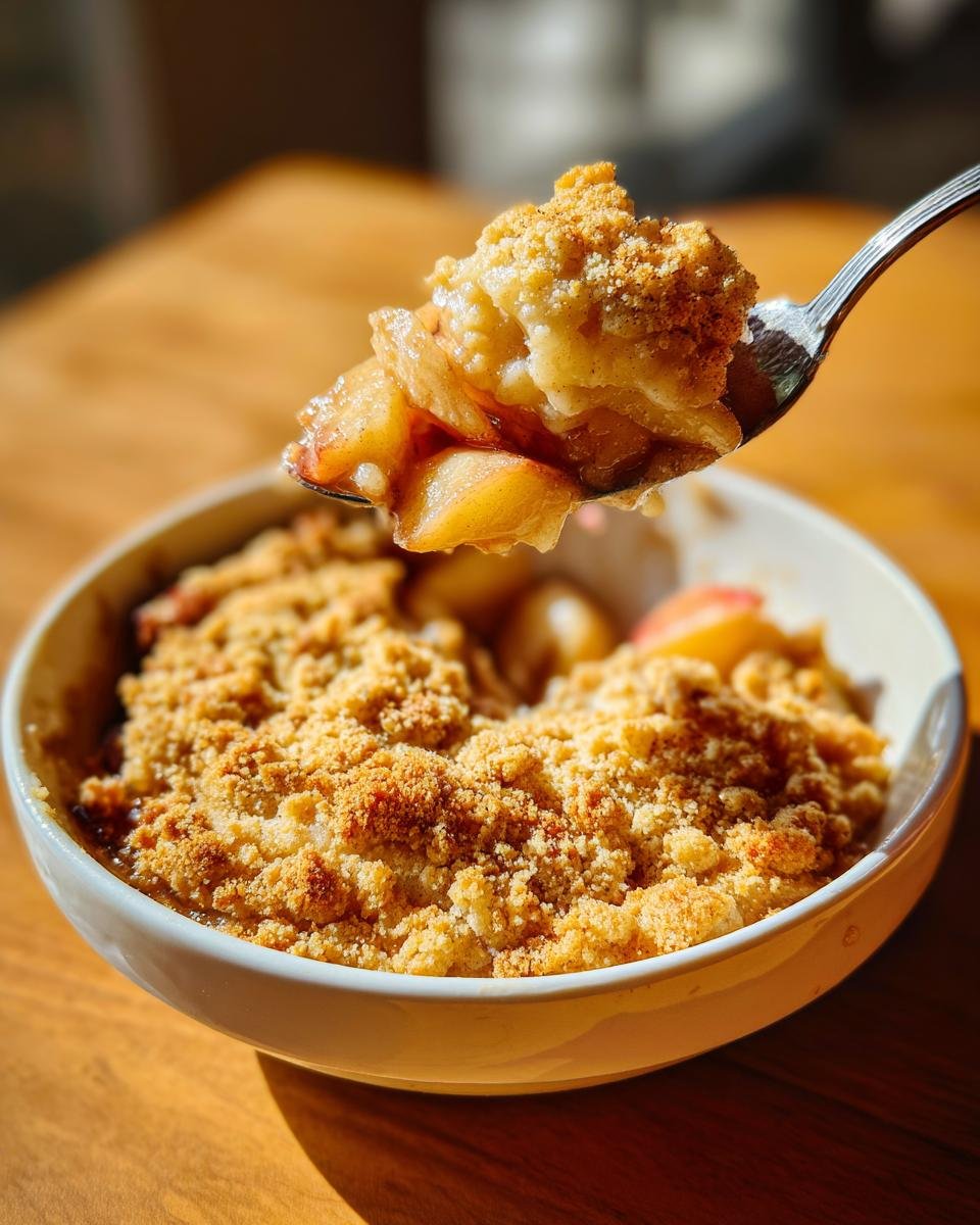A spoonful of Warm Spiced Baked Apple Cobbler being lifted from a white bowl, showing tender apples and crumb topping.