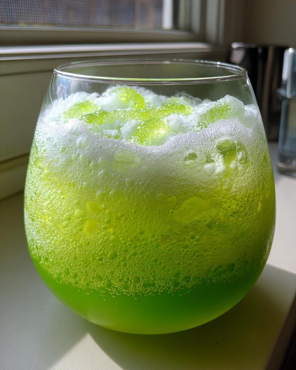 Close-up of vibrant, bubbling green Witchs Brew Punch with ice or sherbet on top.