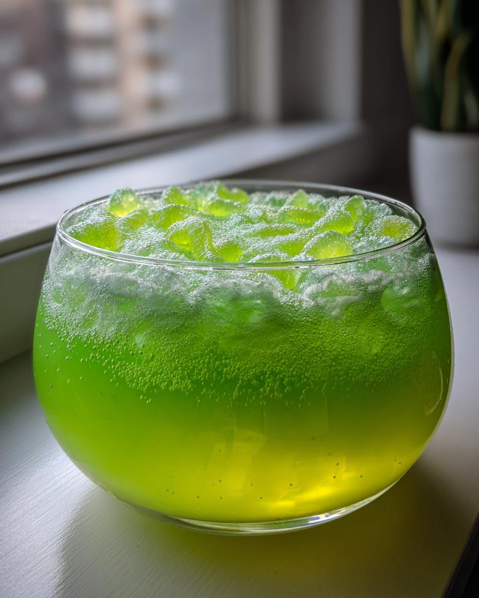 A large glass bowl filled with bright green, fizzy Witchs Brew Punch topped with glowing green ice cubes.