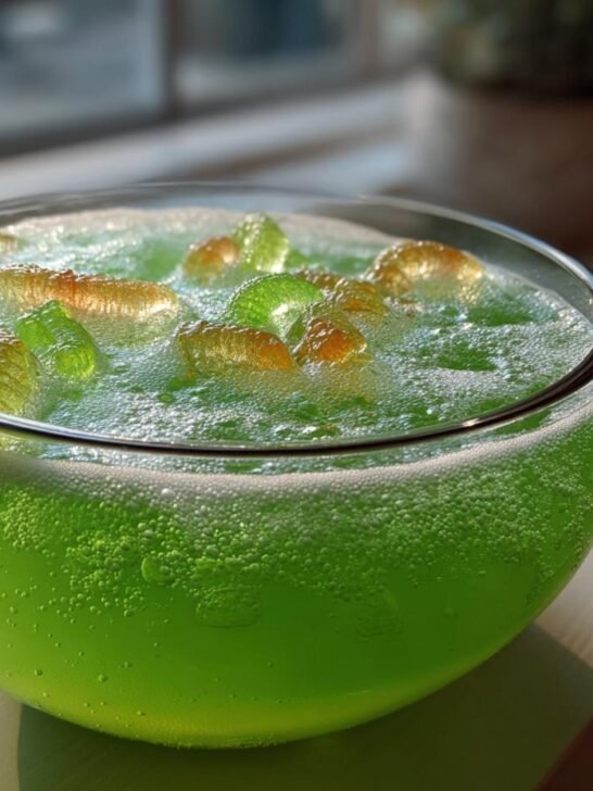 Close-up of bright green, bubbly Witchs Brew Punch served in a clear glass bowl with floating ice cubes.