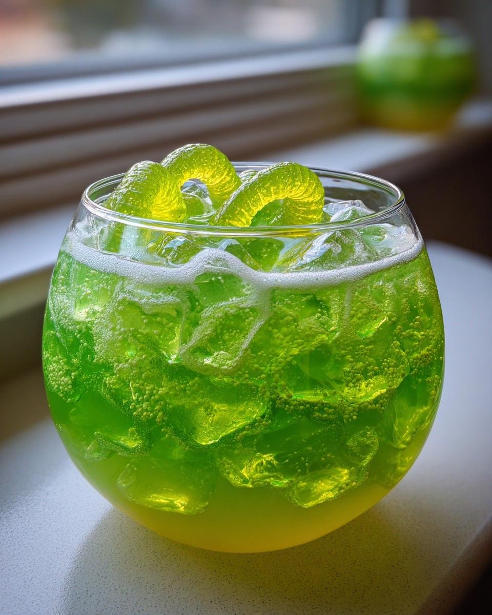 Close-up of a glass filled with bubbling, bright green Witchs Brew Punch over ice, topped with gummy rings.