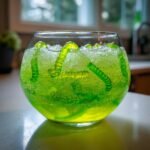 Close-up of a glass filled with bright green, bubbly Witchs Brew Punch featuring gummy worms floating in the ice.