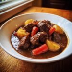 A close-up of a hearty bowl of Witchs Cauldron Beef Stew with tender beef chunks, carrots, and potatoes in a dark gravy.