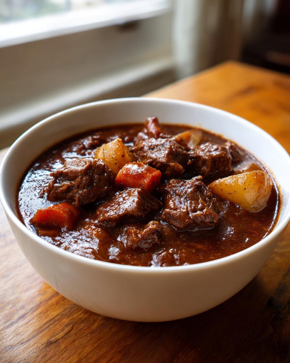 Close-up of a hearty bowl of Witchs Cauldron Beef Stew with tender chunks of beef and root vegetables in a dark, rich sauce.