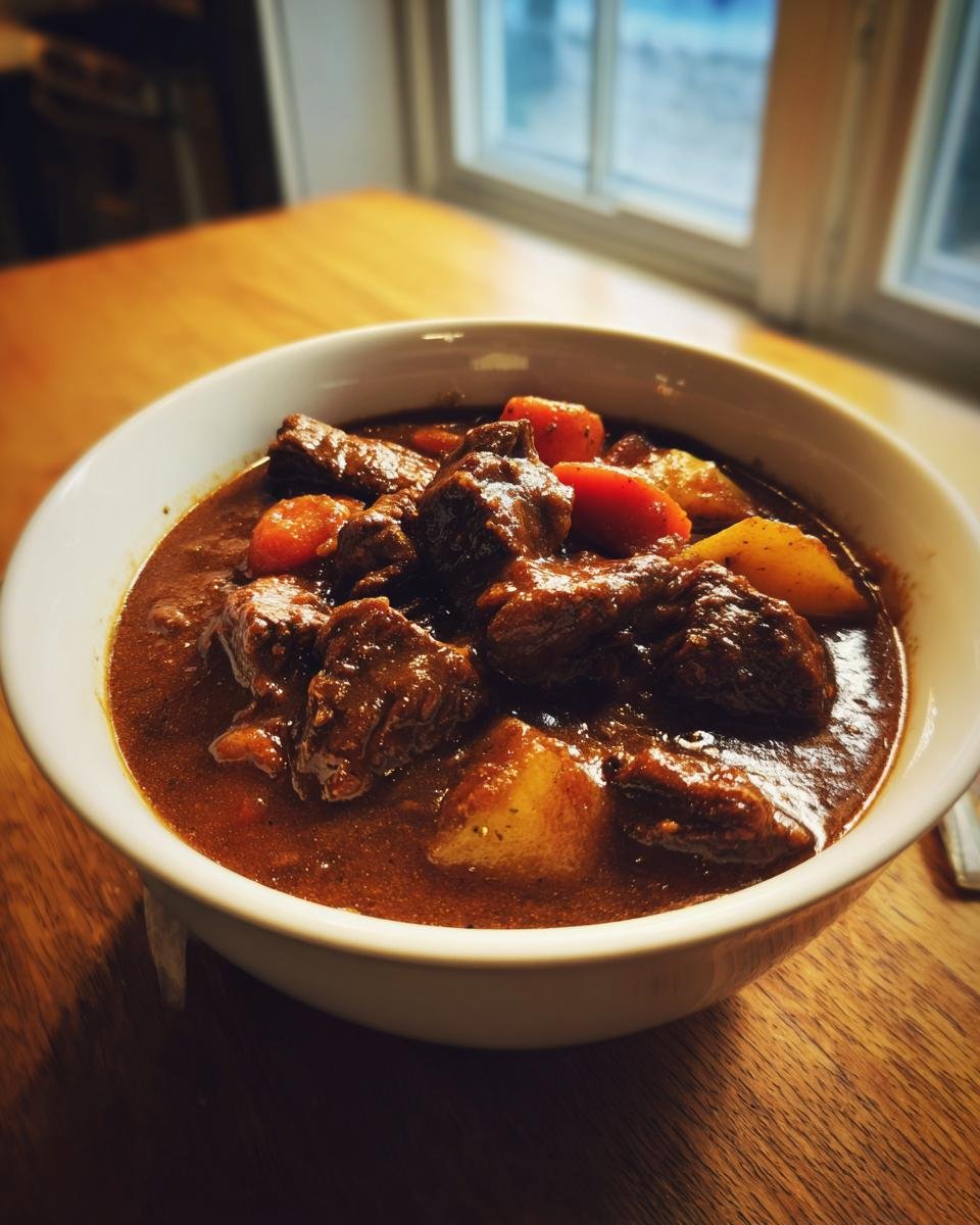 A close-up of a white bowl filled with rich, dark Witchs Cauldron Beef Stew chunks and vegetables.