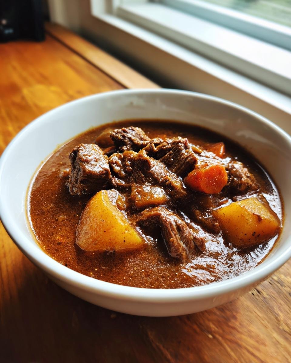 Close-up of a white bowl filled with rich, dark Witchs Cauldron Beef Stew featuring tender beef chunks and large potato pieces.