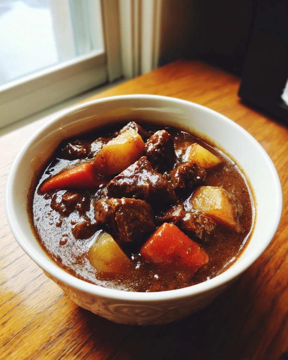 A close-up of a white bowl filled with rich, dark Witchs Cauldron Beef Stew featuring chunks of beef, potatoes, and carrots.