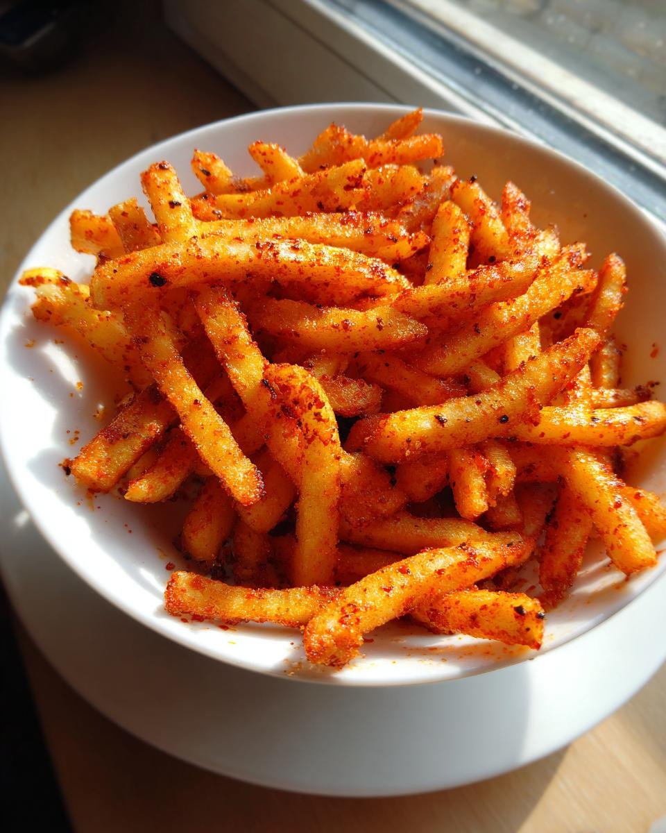 Close-up of a white bowl filled with crispy, golden Zesty Louisiana Voodoo Fries heavily coated in red seasoning.