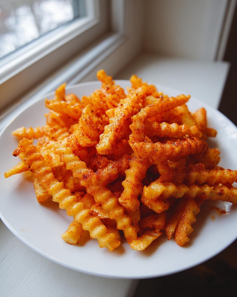 A close-up of crinkle-cut fries heavily seasoned, resembling Zesty Louisiana Voodoo Fries, served on a white plate.