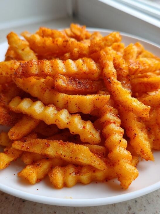 A plate piled high with crinkle-cut Zesty Louisiana Voodoo Fries, heavily coated in orange-red seasoning.