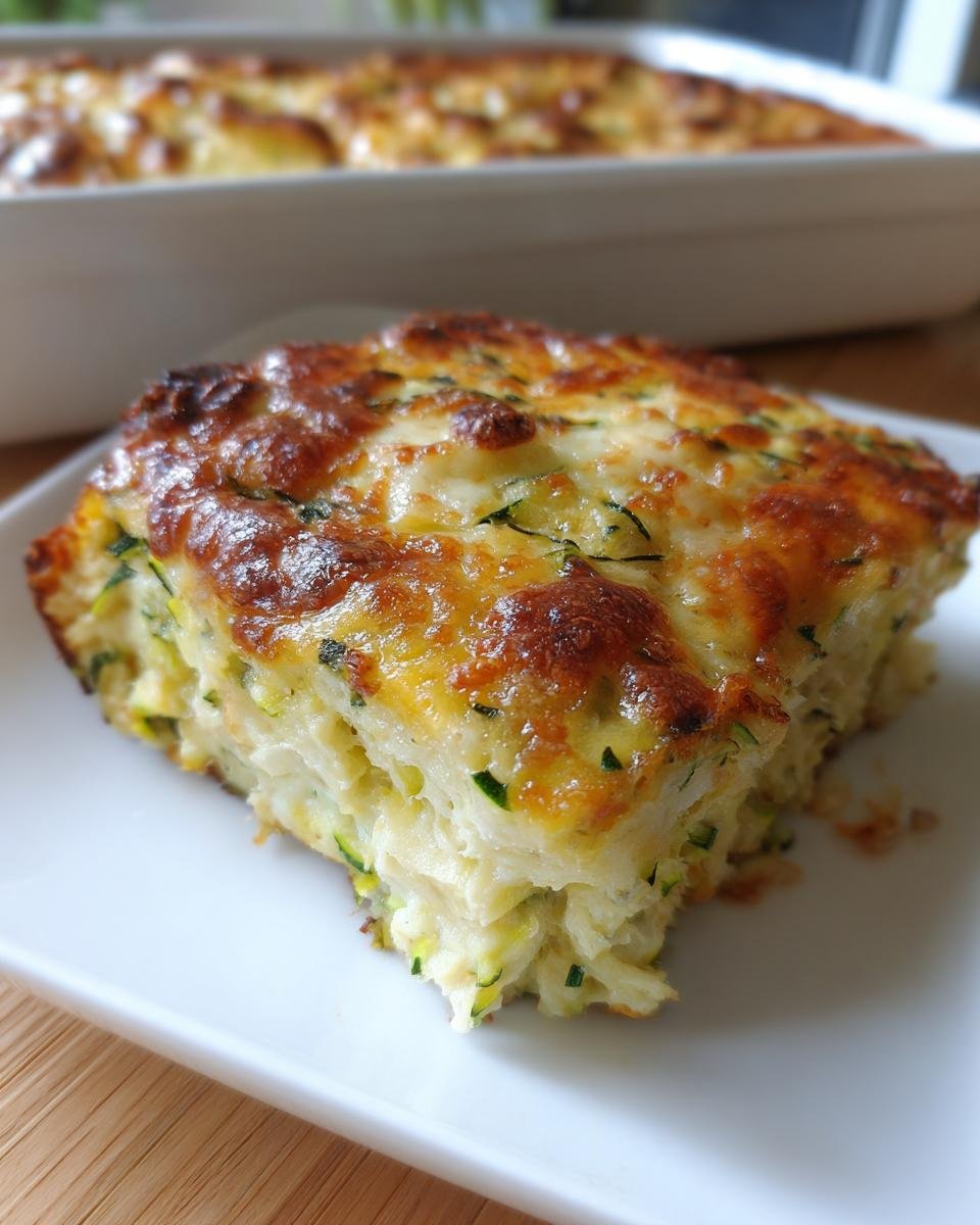 Close-up of a thick slice of Zucchini Pizza Casserole with a golden, bubbly cheese topping.