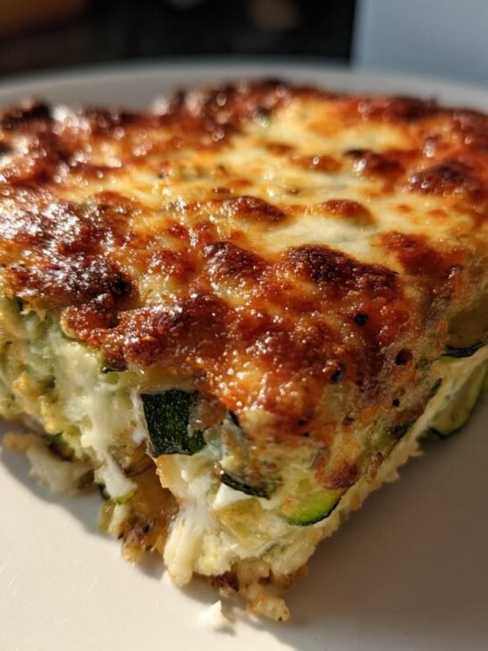 Close-up of a golden-brown slice of Zucchini Pizza Casserole showing melted, bubbly cheese topping and visible zucchini layers.