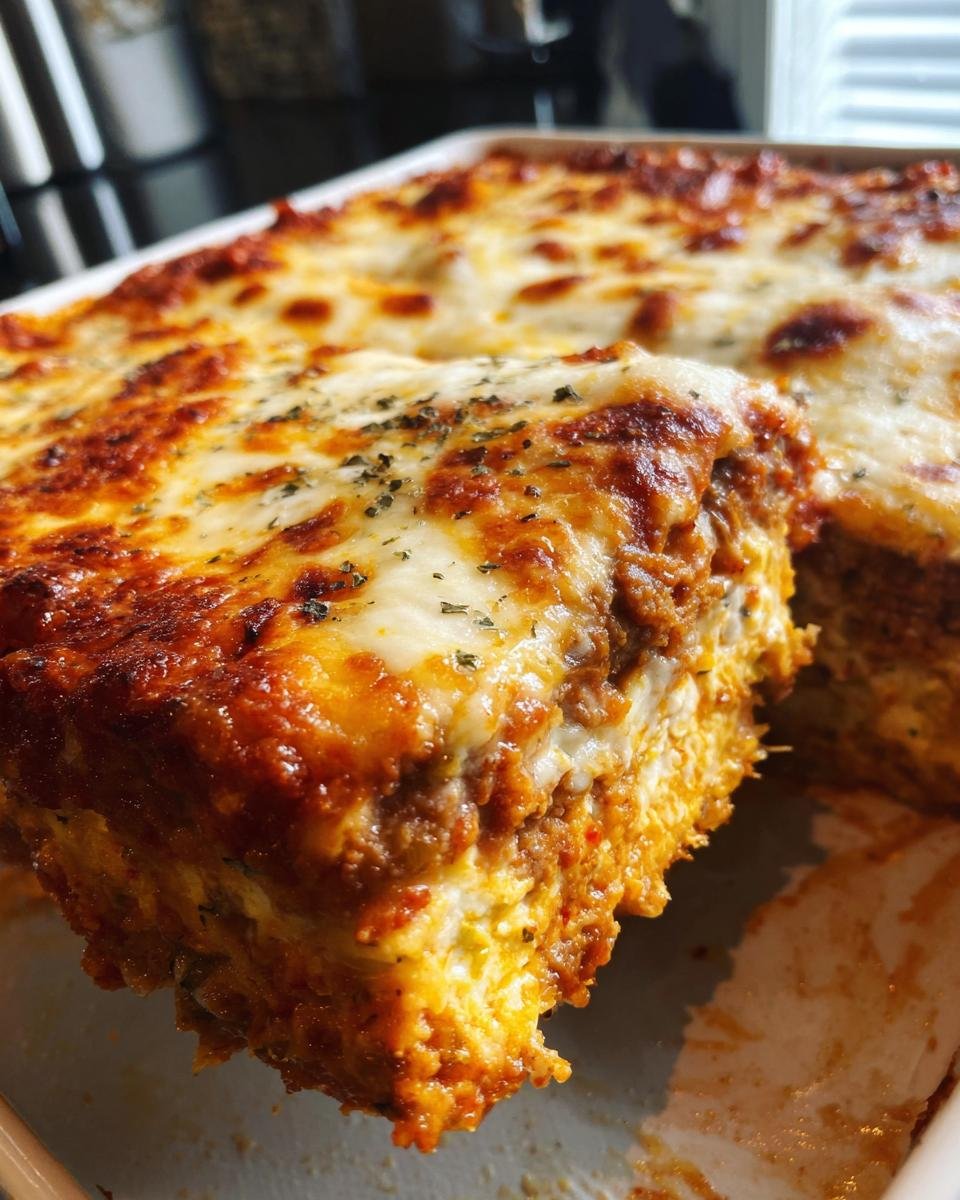 Close-up of a thick, cheesy slice being lifted from a pan of Zucchini Pizza Casserole with meat sauce.